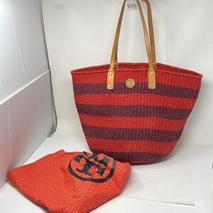 Tory Burch Basket Shoulder Tote Bag Braided Purple Red Tight Weave Straw